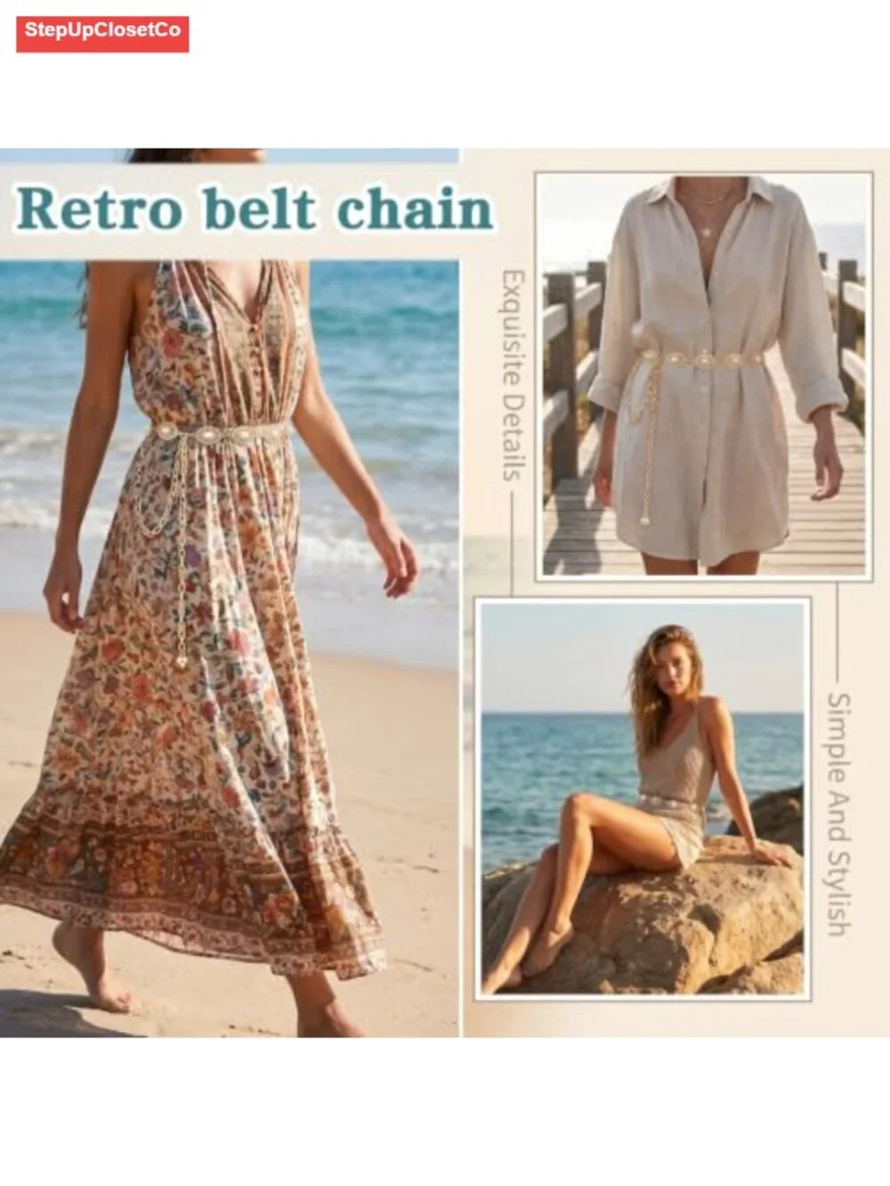 Adjustable Gold Waist Chain Belt Women Boho Vintage Pearl Metal Concho Belt